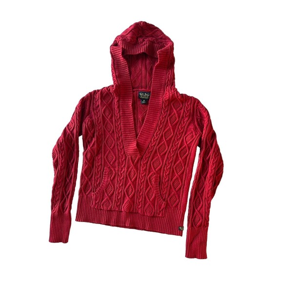Ralph Lauren Sweaters - Polo Jeans 1967 Ralph Lauren Red V Neck Cable Knit Hooded Sweater Medium Preppy